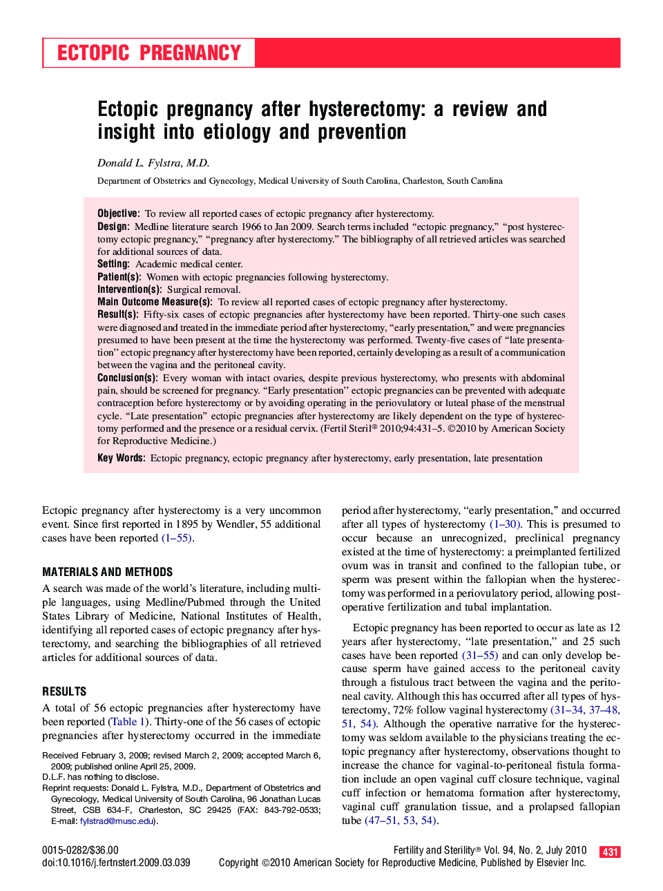 Ectopic pregnancy after hysterectomy: a review and insight into etiology and prevention 