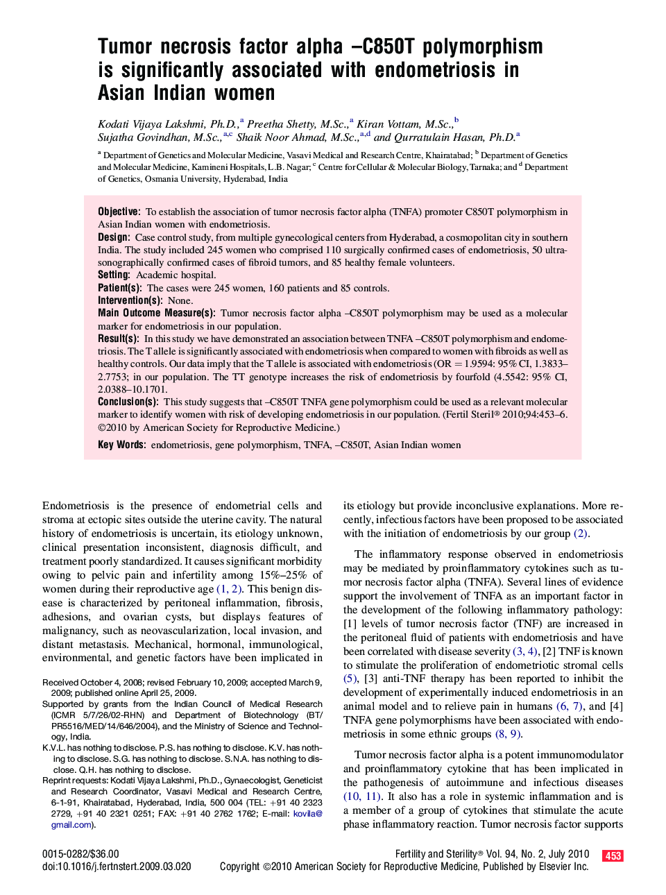 Tumor necrosis factor alpha –C850T polymorphism is significantly associated with endometriosis in Asian Indian women 