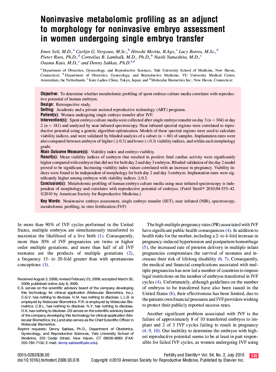 Noninvasive metabolomic profiling as an adjunct to morphology for noninvasive embryo assessment in women undergoing single embryo transfer 