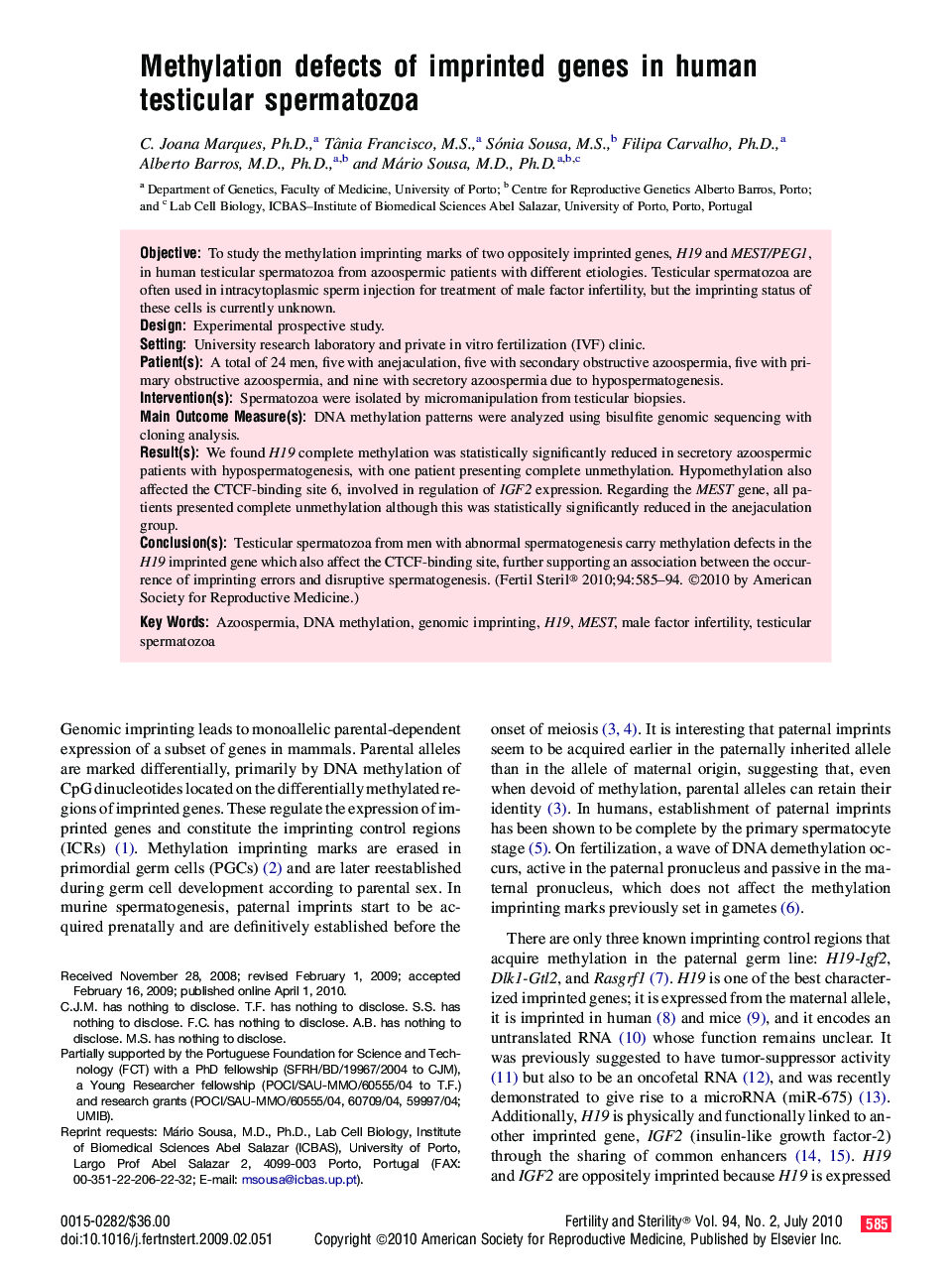 Methylation defects of imprinted genes in human testicular spermatozoa 