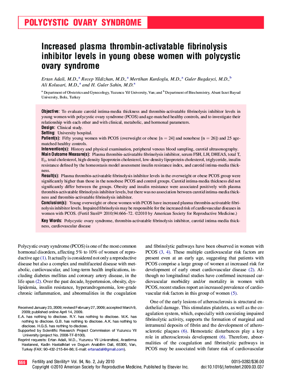 عکس صفحه اول مقاله: Increased plasma thrombin-activatable fibrinolysis inhibitor levels in young obese women with polycystic ovary syndrome Increased plasma thrombin-activatable fibrinolysis inhibitor levels in young obese women with polycystic ovary syndrome