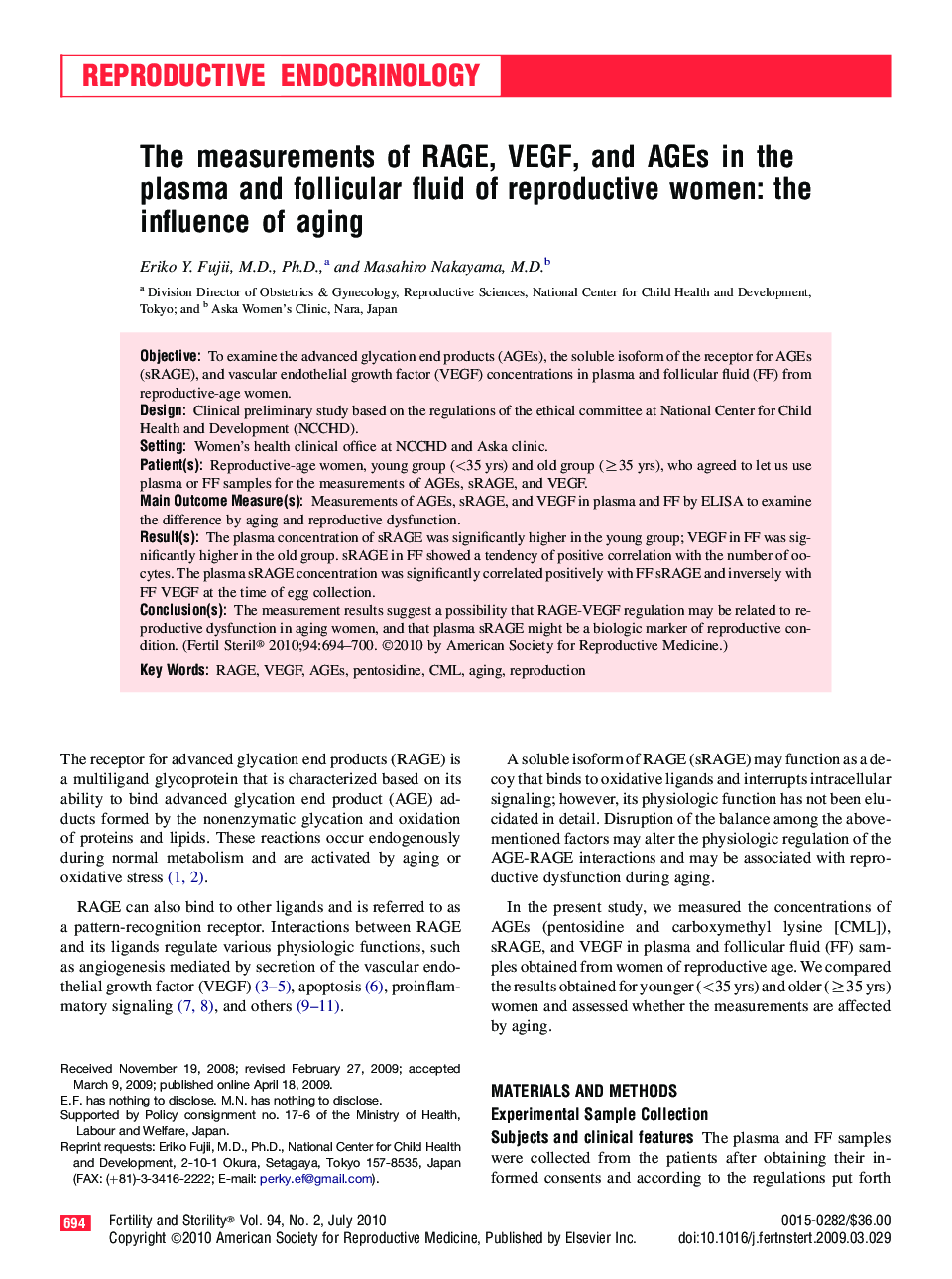 The measurements of RAGE, VEGF, and AGEs in the plasma and follicular fluid of reproductive women: the influence of aging 