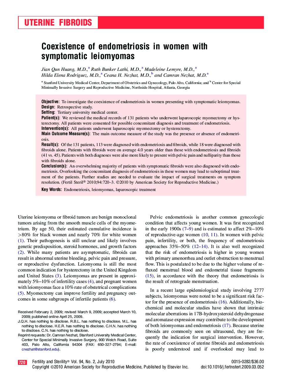 Coexistence of endometriosis in women with symptomatic leiomyomas 