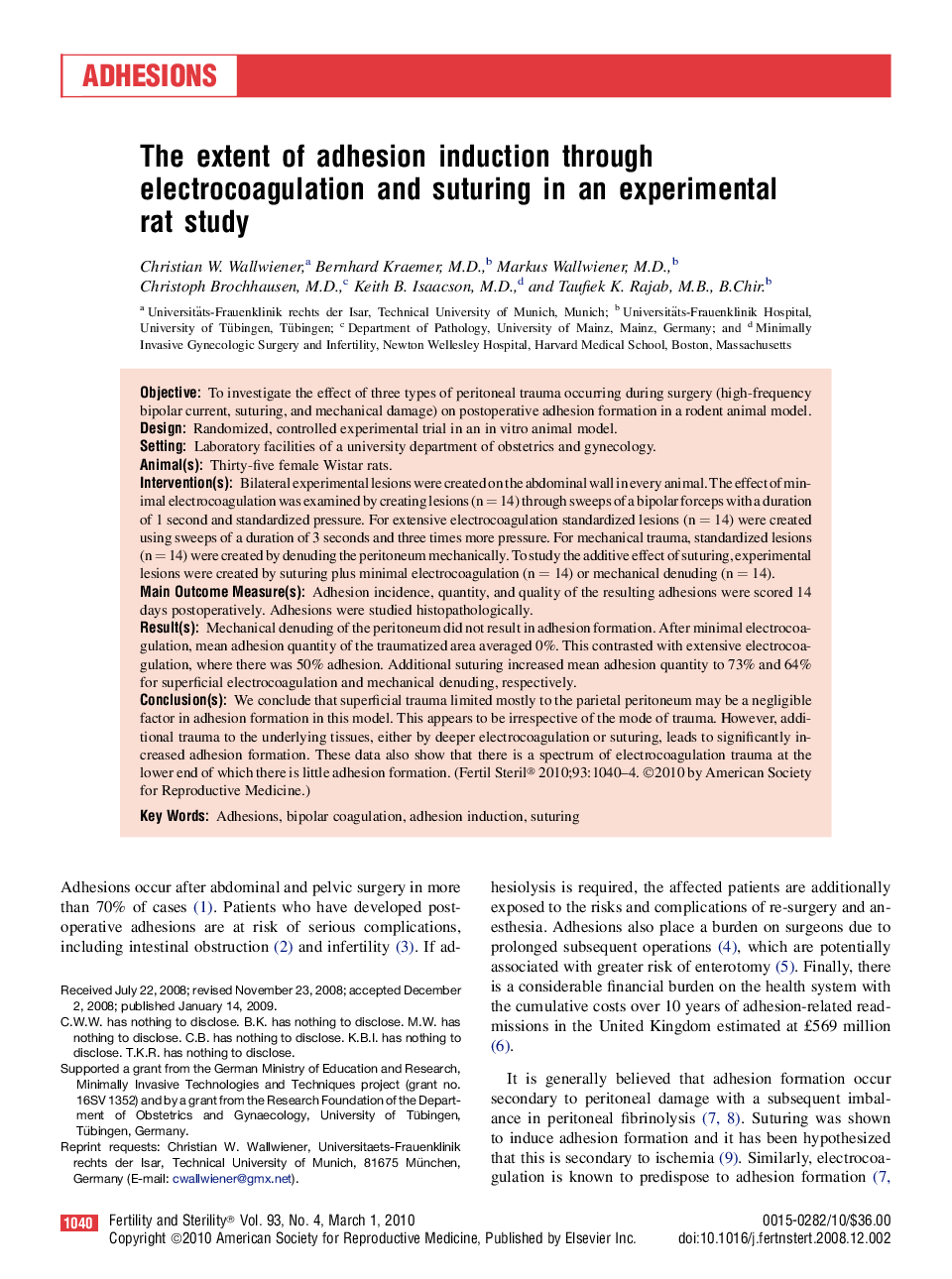 The extent of adhesion induction through electrocoagulation and suturing in an experimental rat study 