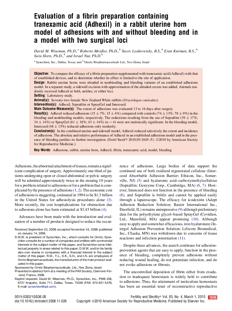 Evaluation of a fibrin preparation containing tranexamic acid (Adhexil) in a rabbit uterine horn model of adhesions with and without bleeding and in a model with two surgical loci 