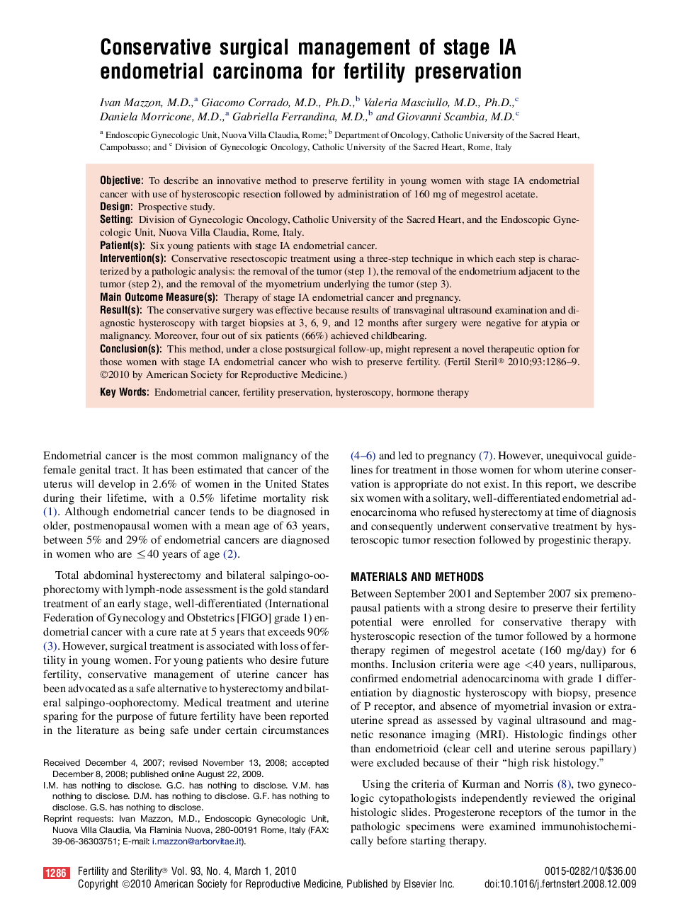 Conservative surgical management of stage IA endometrial carcinoma for fertility preservation 