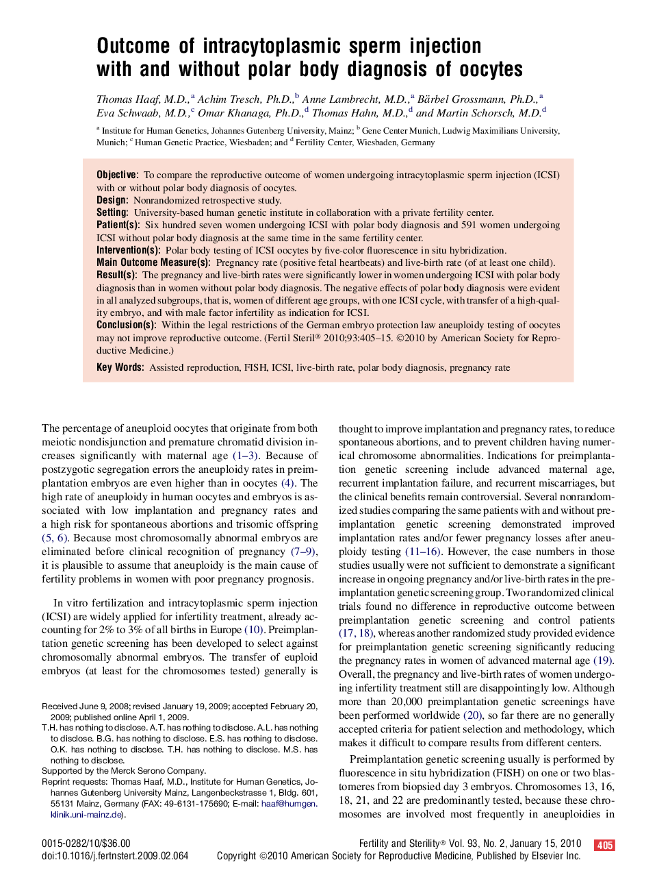 Outcome of intracytoplasmic sperm injection with and without polar body diagnosis of oocytes 