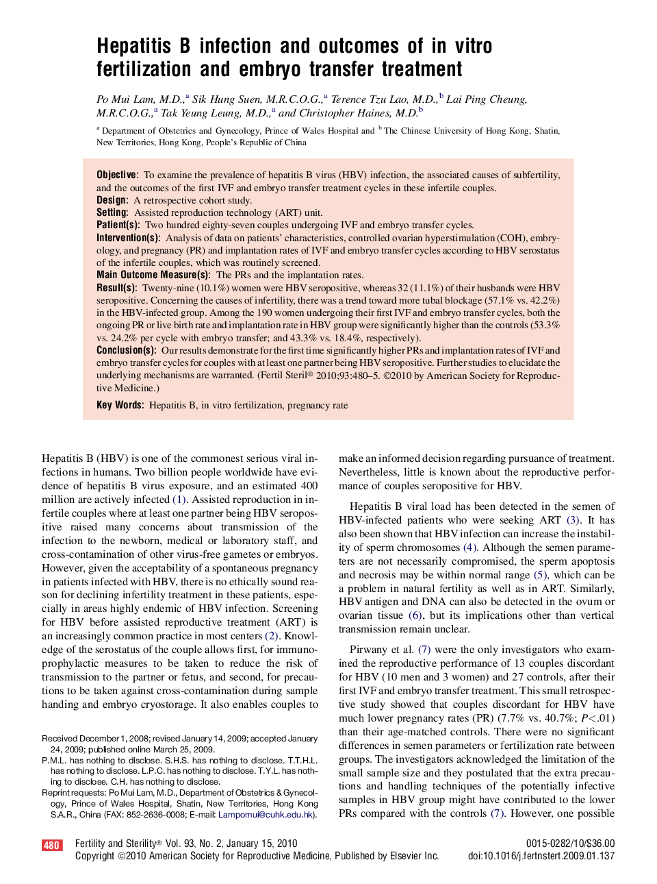 Hepatitis B infection and outcomes of in vitro fertilization and embryo transfer treatment 