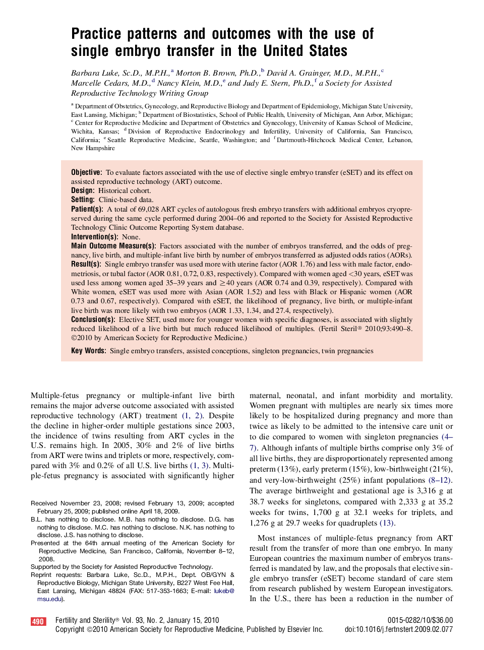 Practice patterns and outcomes with the use of single embryo transfer in the United States 