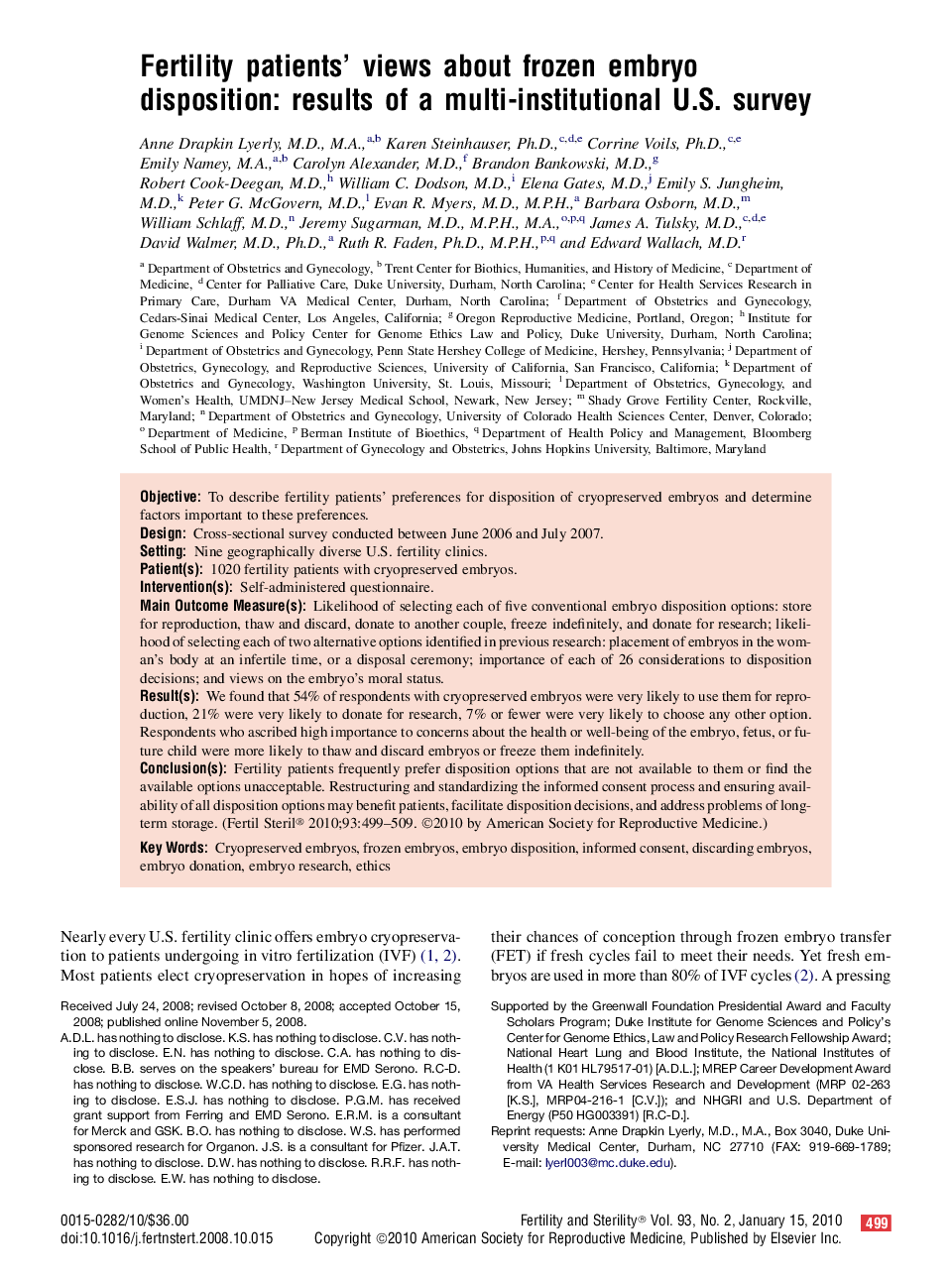 Fertility patients' views about frozen embryo disposition: results of a multi-institutional U.S. survey 