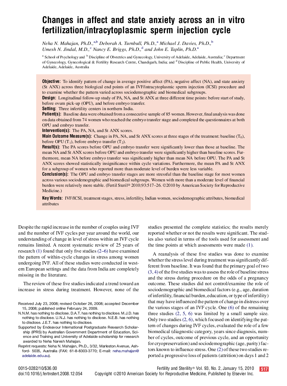 Changes in affect and state anxiety across an in vitro fertilization/intracytoplasmic sperm injection cycle 