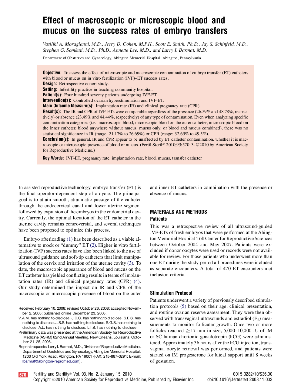 Effect of macroscopic or microscopic blood and mucus on the success rates of embryo transfers 