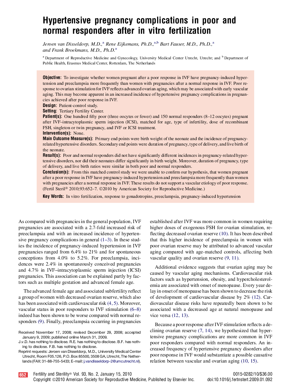 Hypertensive pregnancy complications in poor and normal responders after in vitro fertilization 