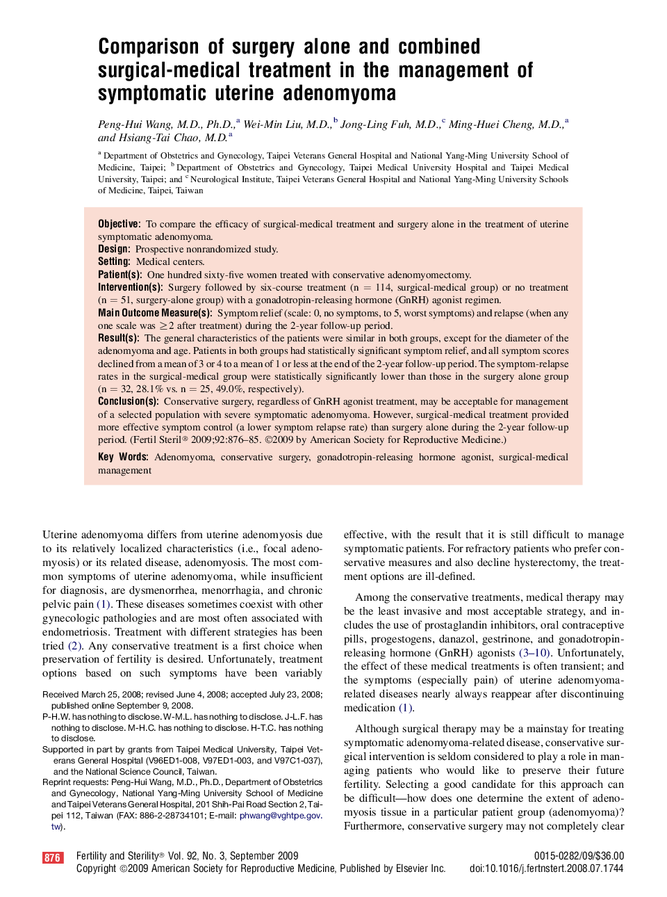 Comparison of surgery alone and combined surgical-medical treatment in the management of symptomatic uterine adenomyoma 