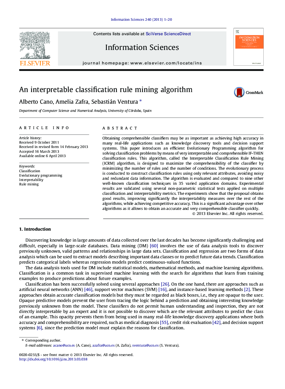 An interpretable classification rule mining algorithm