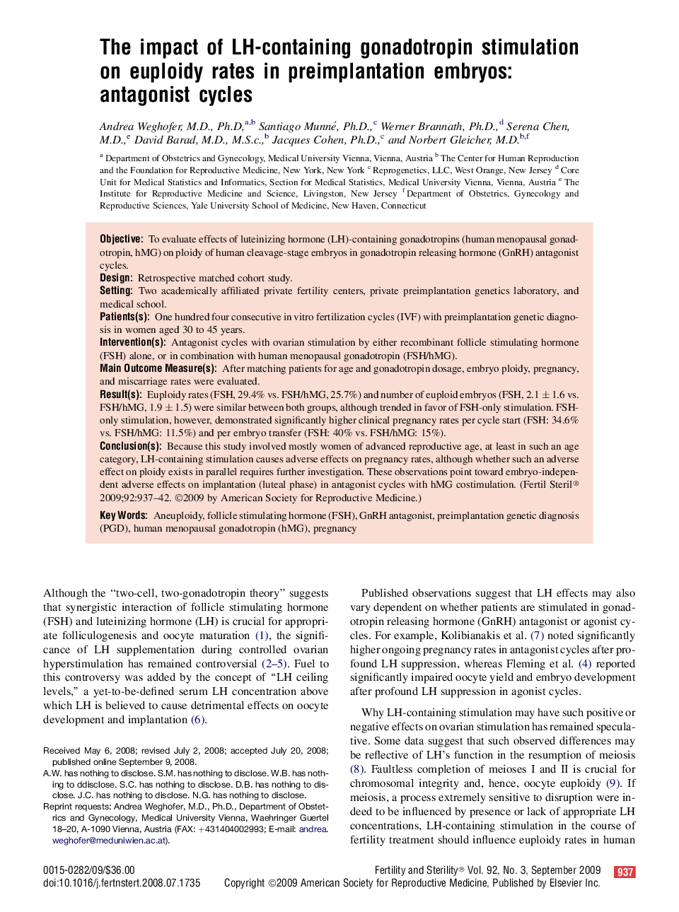 The impact of LH-containing gonadotropin stimulation on euploidy rates in preimplantation embryos: antagonist cycles 