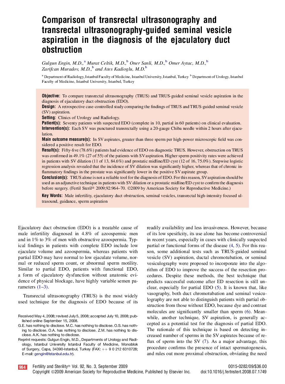 Comparison of transrectal ultrasonography and transrectal ultrasonography-guided seminal vesicle aspiration in the diagnosis of the ejaculatory duct obstruction 