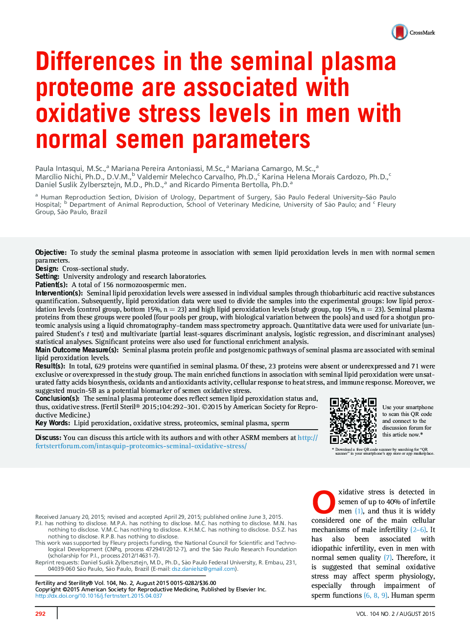 تفاوت در پروتئوم پلاسمای مزانشیمی با سطوح استرس اکسیداتیو در مردان با پارامترهای ملایم طبیعی همراه است 