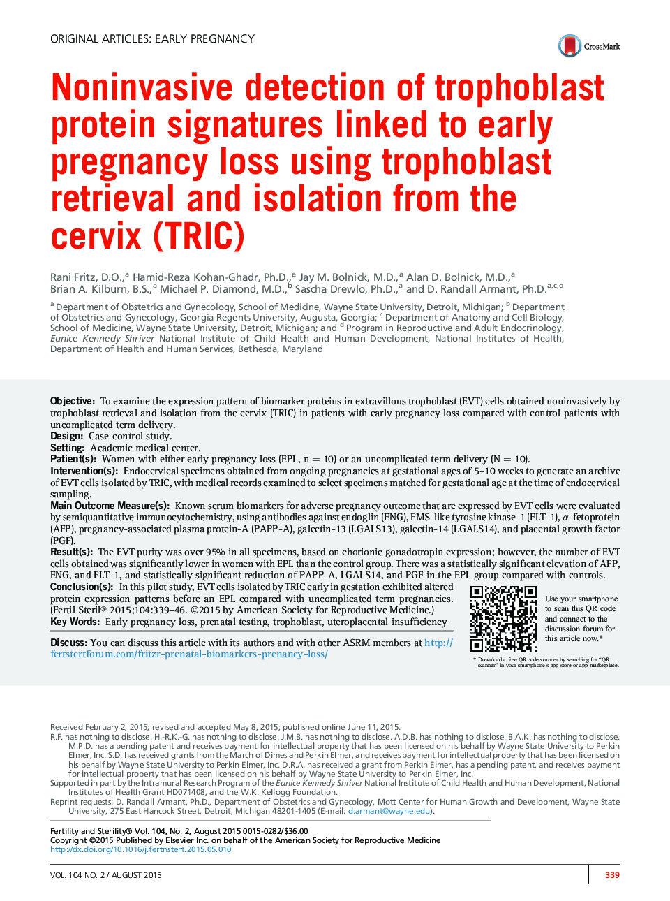 Noninvasive detection of trophoblast protein signatures linked to early pregnancy loss using trophoblast retrieval and isolation from the cervix (TRIC)