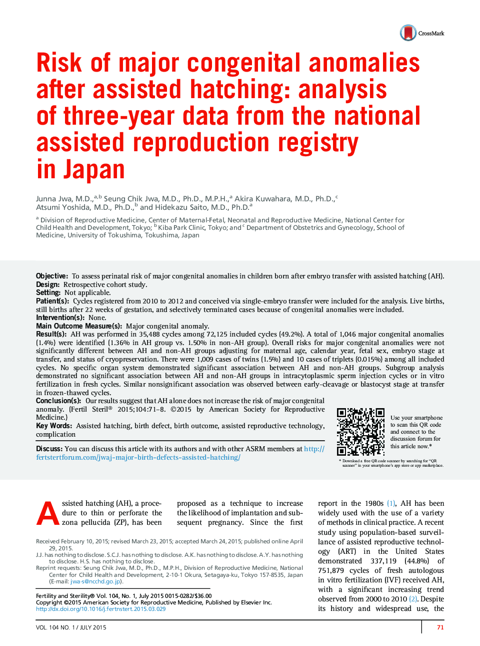 Risk of major congenital anomalies after assisted hatching: analysis of three-year data from the national assisted reproduction registry in Japan 