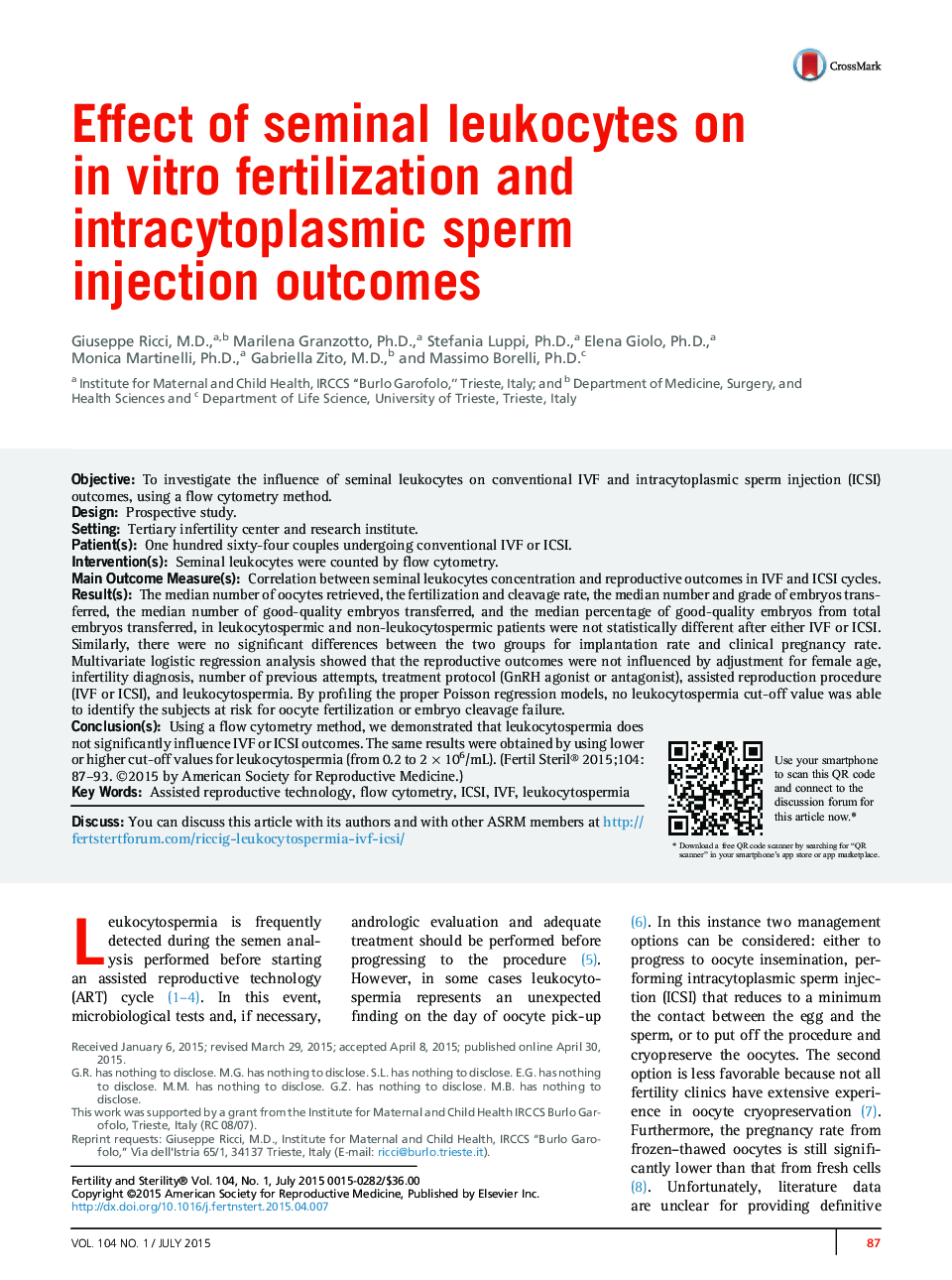 Effect of seminal leukocytes on in vitro fertilization and intracytoplasmic sperm injection outcomes 