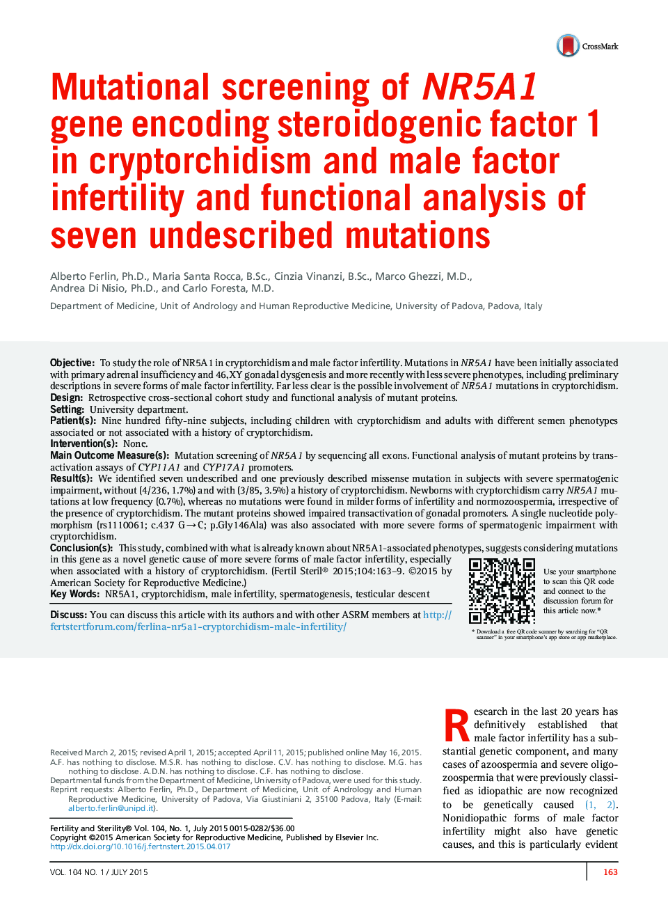 Mutational screening of NR5A1 gene encoding steroidogenic factor 1 in cryptorchidism and male factor infertility and functional analysis of seven undescribed mutations