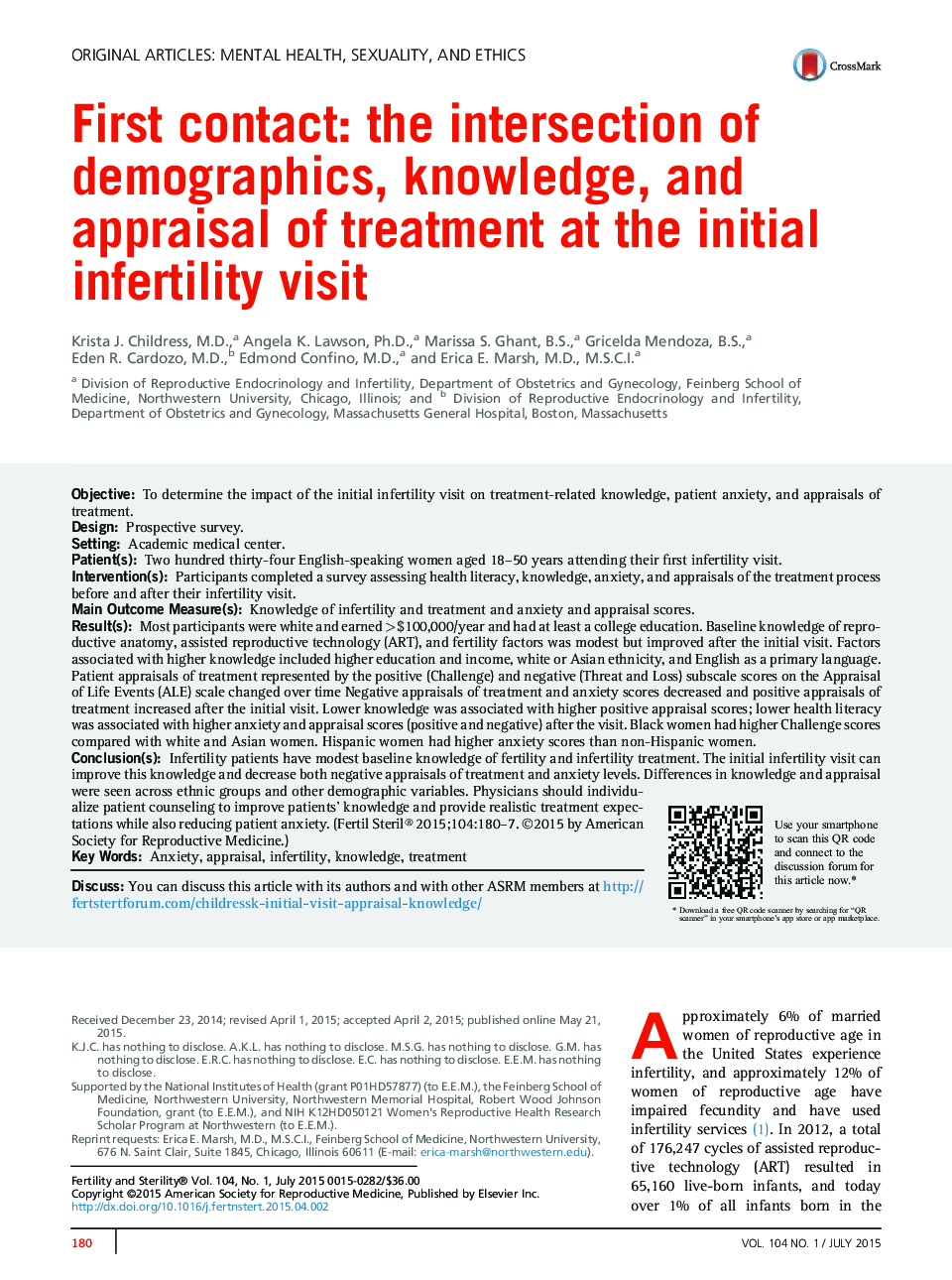 First contact: the intersection of demographics, knowledge, and appraisal of treatment at the initial infertility visit 