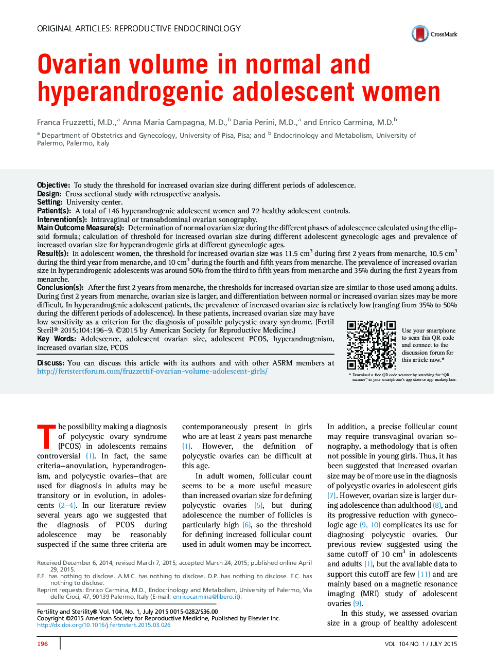 حجم تخمدان در زنان نوجوانی معمولی و پرآرنگروژنیک 
