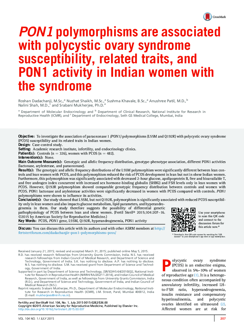 PON1 polymorphisms are associated with polycystic ovary syndrome susceptibility, related traits, and PON1 activity in Indian women with the syndrome 