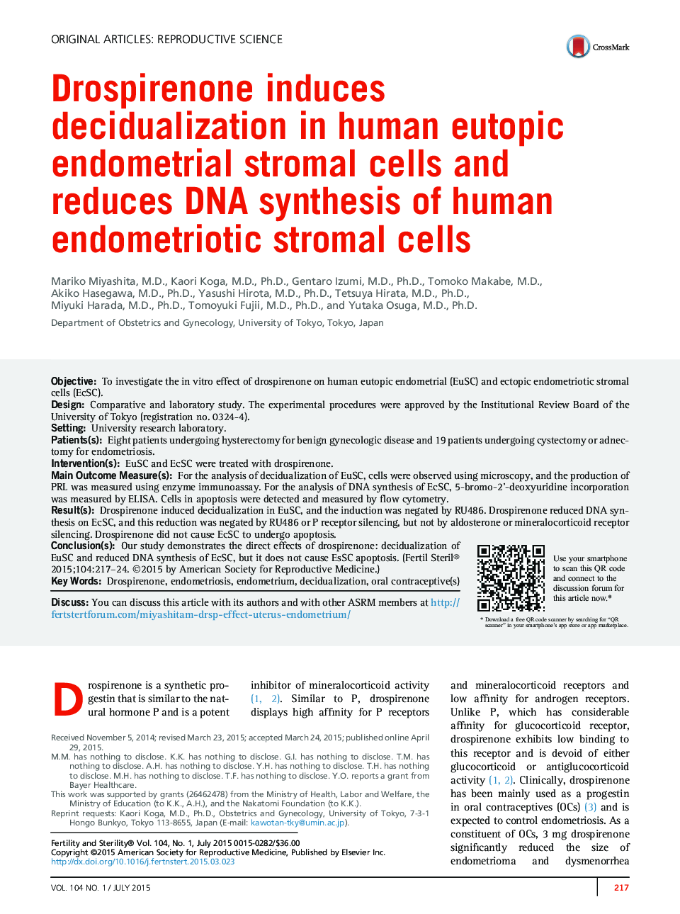 Drospirenone induces decidualization in human eutopic endometrial stromal cells and reduces DNA synthesis of human endometriotic stromal cells