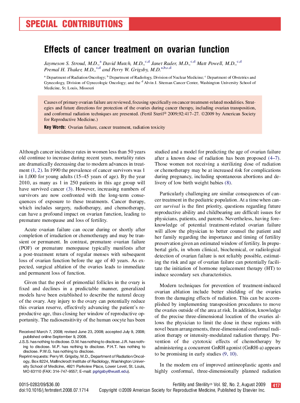 Effects of cancer treatment on ovarian function 