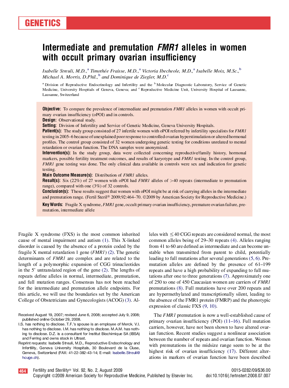 Intermediate and premutation FMR1 alleles in women with occult primary ovarian insufficiency 