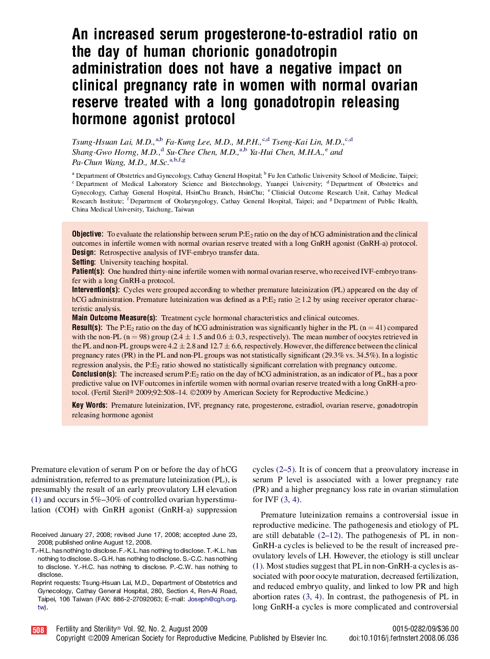 عکس صفحه اول مقاله: An increased serum progesterone-to-estradiol ratio on the day of human chorionic gonadotropin administration does not have a negative impact on clinical pregnancy rate in women with normal ovarian reserve treated with a long gonadotropin releasing hormone An increased serum progesterone-to-estradiol ratio on the day of human chorionic gonadotropin administration does not have a negative impact on clinical pregnancy rate in women with normal ovarian reserve treated with a long gonadotropin releasing hormone
