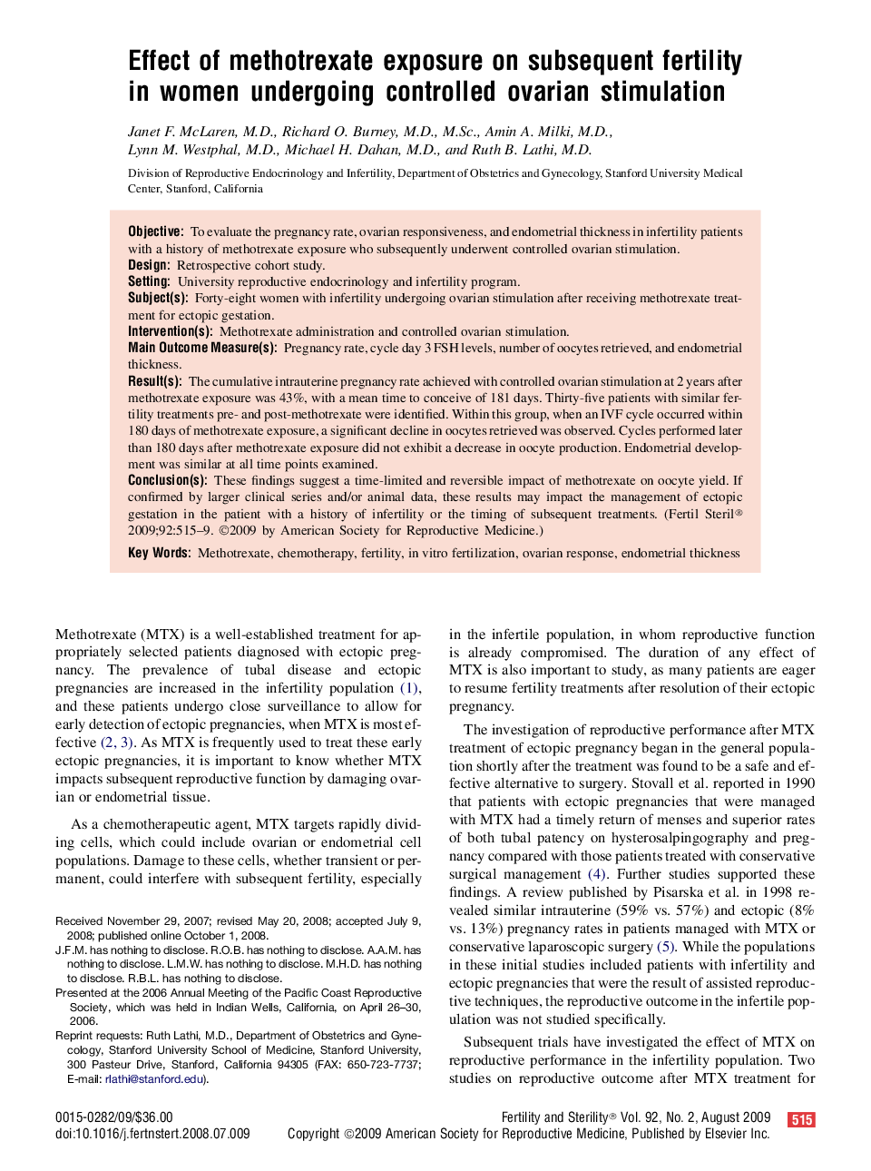 Effect of methotrexate exposure on subsequent fertility in women undergoing controlled ovarian stimulation 