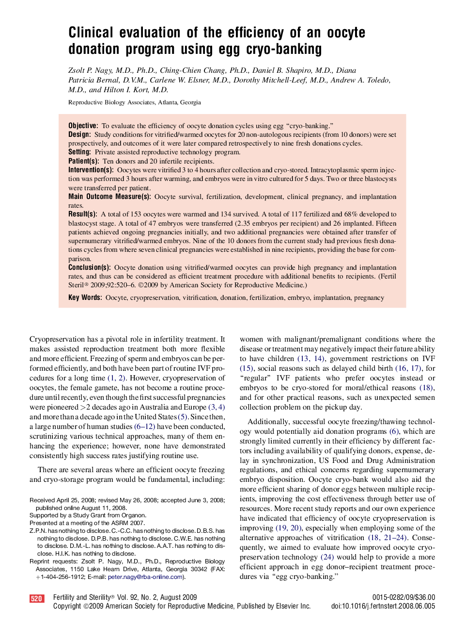 عکس صفحه اول مقاله: Clinical evaluation of the efficiency of an oocyte donation program using egg cryo-banking Clinical evaluation of the efficiency of an oocyte donation program using egg cryo-banking