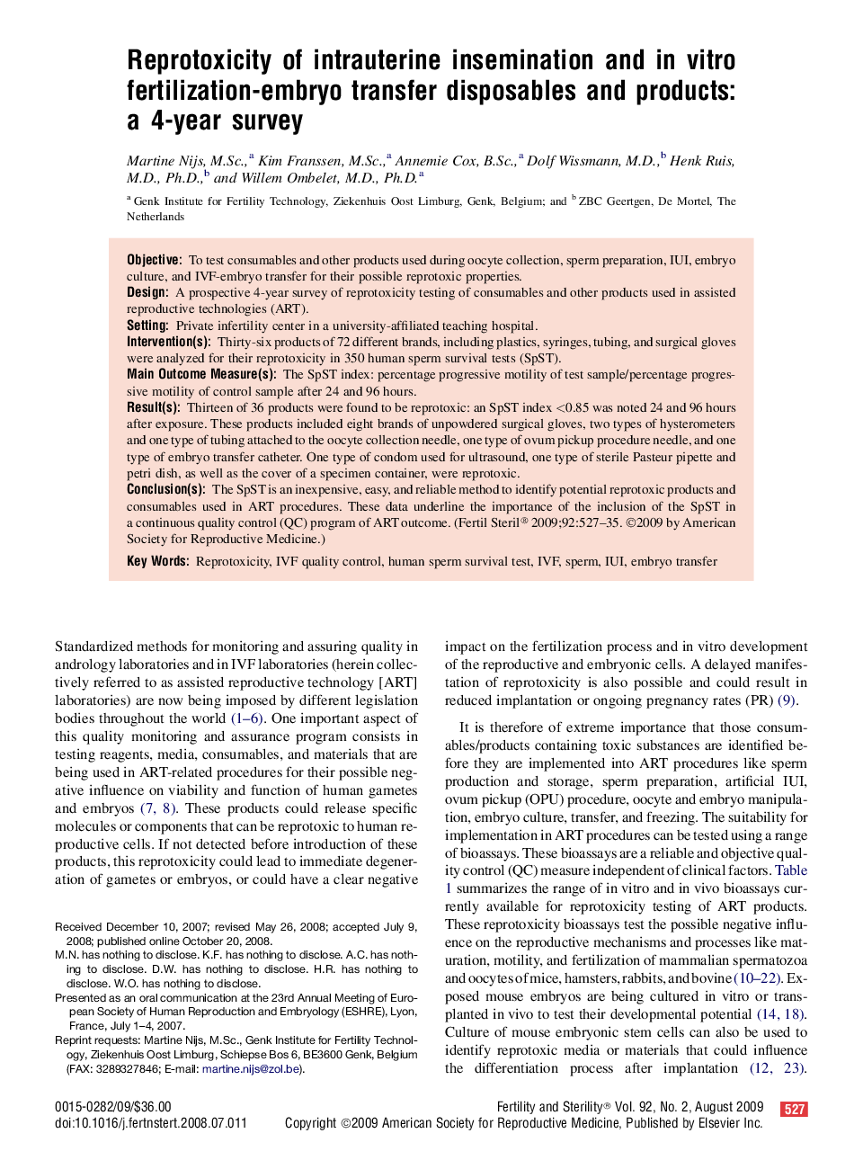 Reprotoxicity of intrauterine insemination and in vitro fertilization-embryo transfer disposables and products: a 4-year survey 