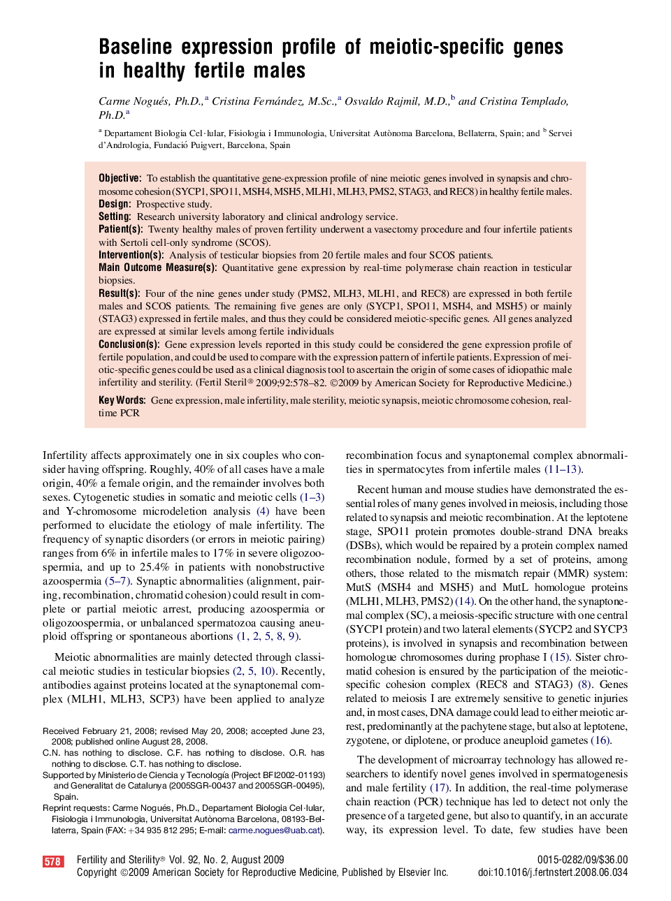 Baseline expression profile of meiotic-specific genes in healthy fertile males 