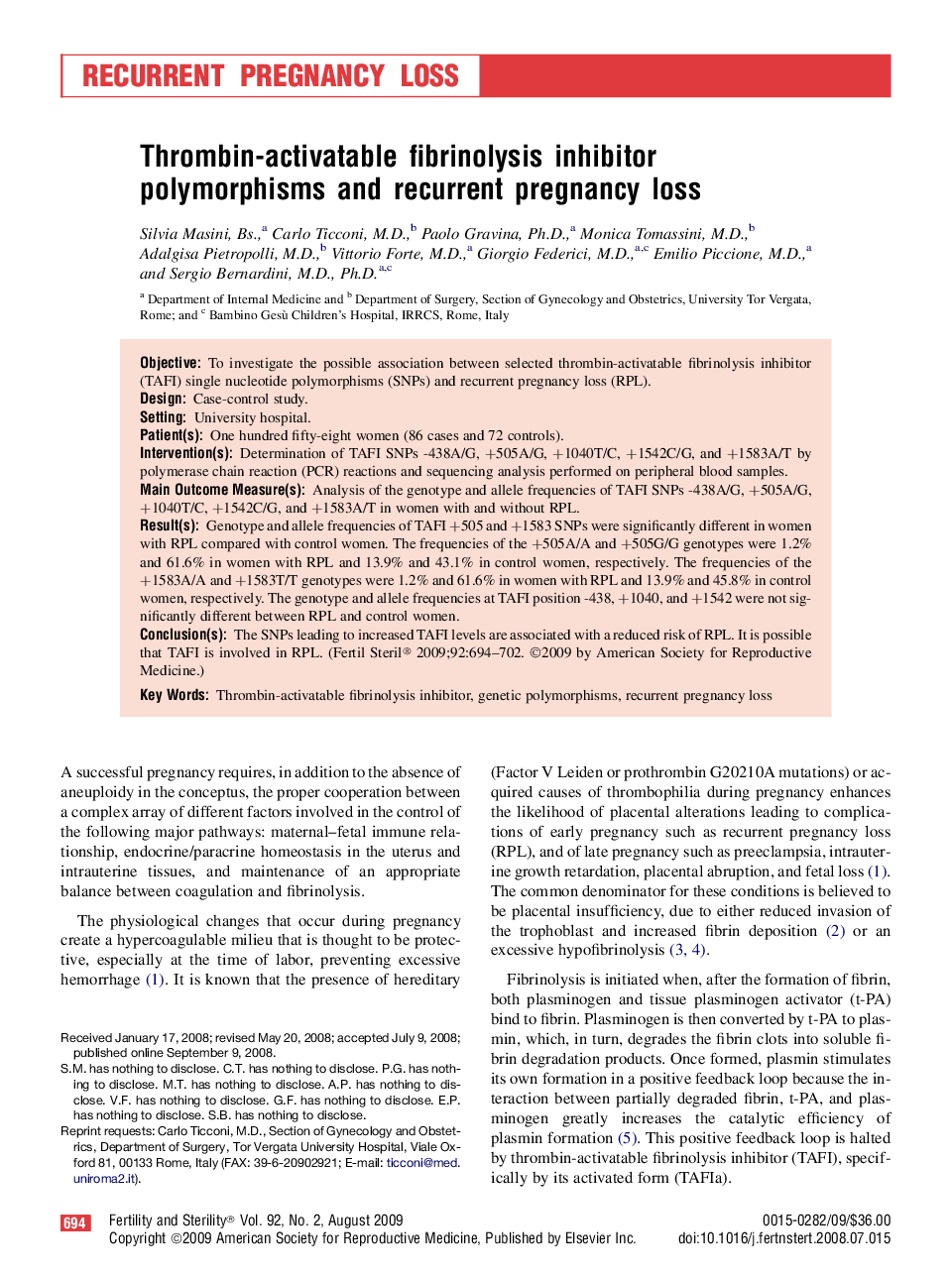 Thrombin-activatable fibrinolysis inhibitor polymorphisms and recurrent pregnancy loss 