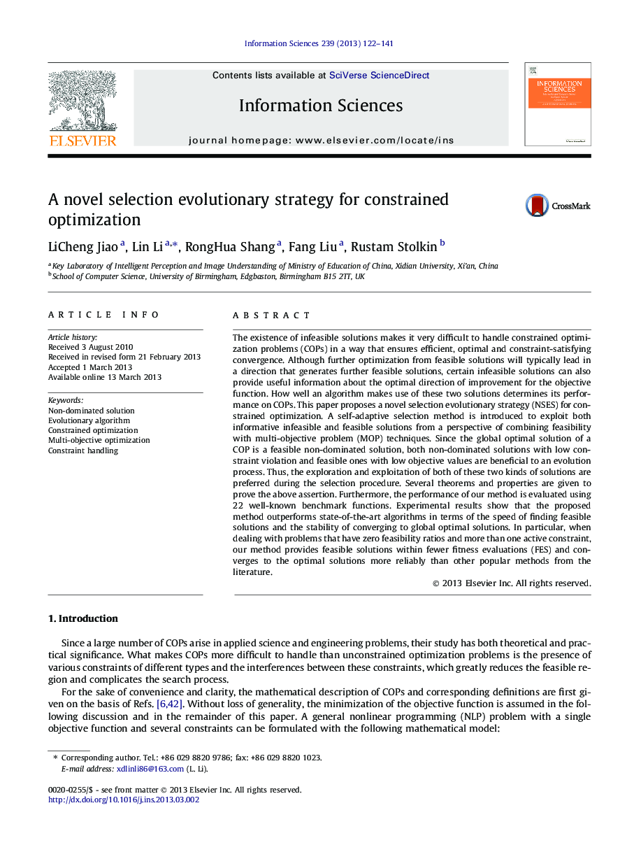 A novel selection evolutionary strategy for constrained optimization