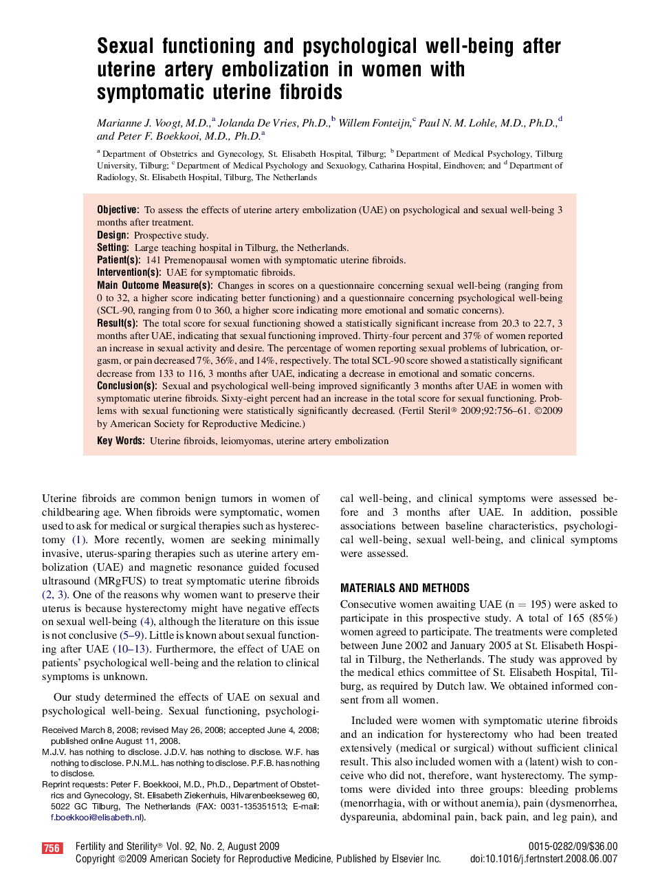 Sexual functioning and psychological well-being after uterine artery embolization in women with symptomatic uterine fibroids 