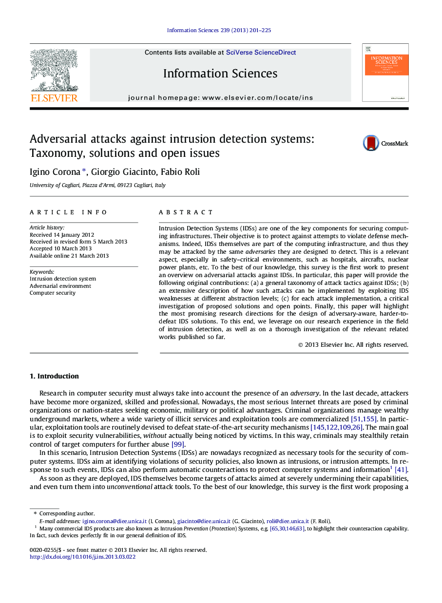 Adversarial attacks against intrusion detection systems: Taxonomy, solutions and open issues