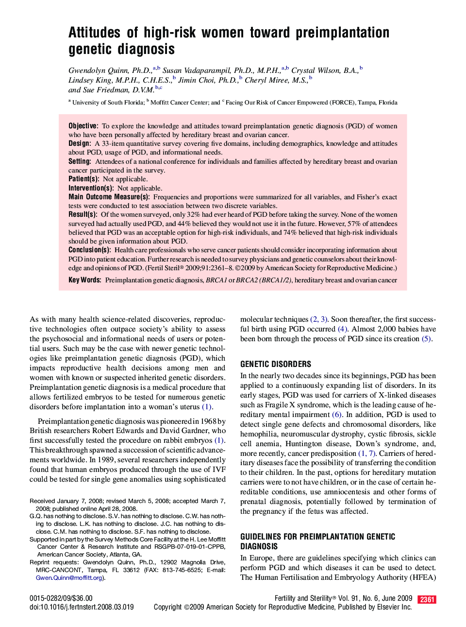 Attitudes of high-risk women toward preimplantation genetic diagnosis 