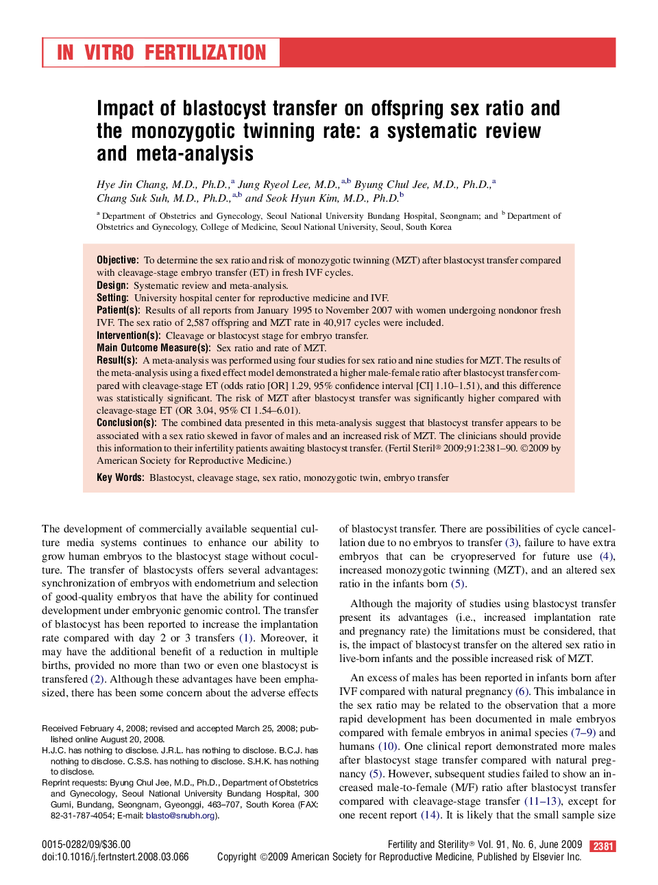 Impact of blastocyst transfer on offspring sex ratio and the monozygotic twinning rate: a systematic review and meta-analysis 