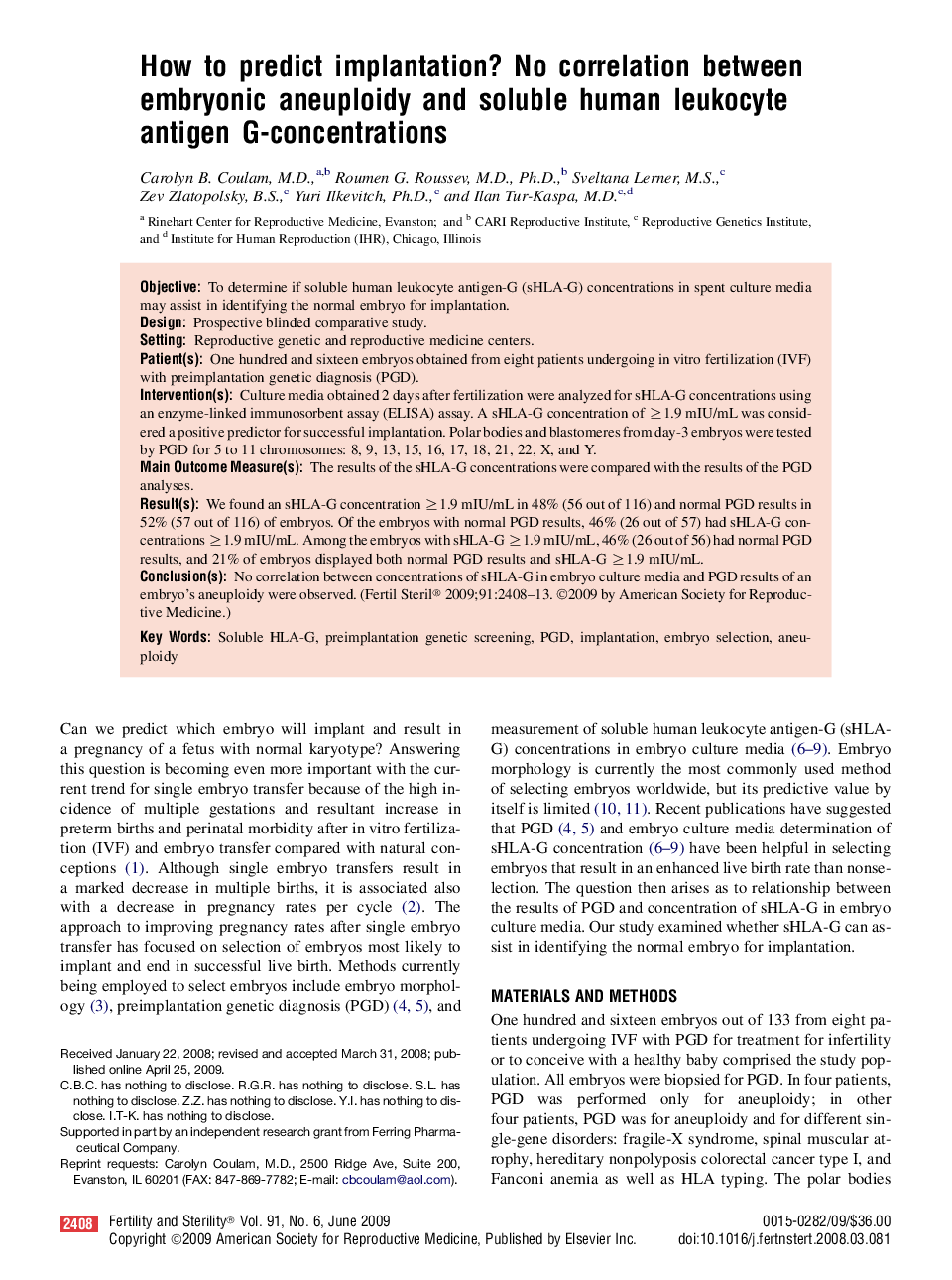 How to predict implantation? No correlation between embryonic aneuploidy and soluble human leukocyte antigen G-concentrations 