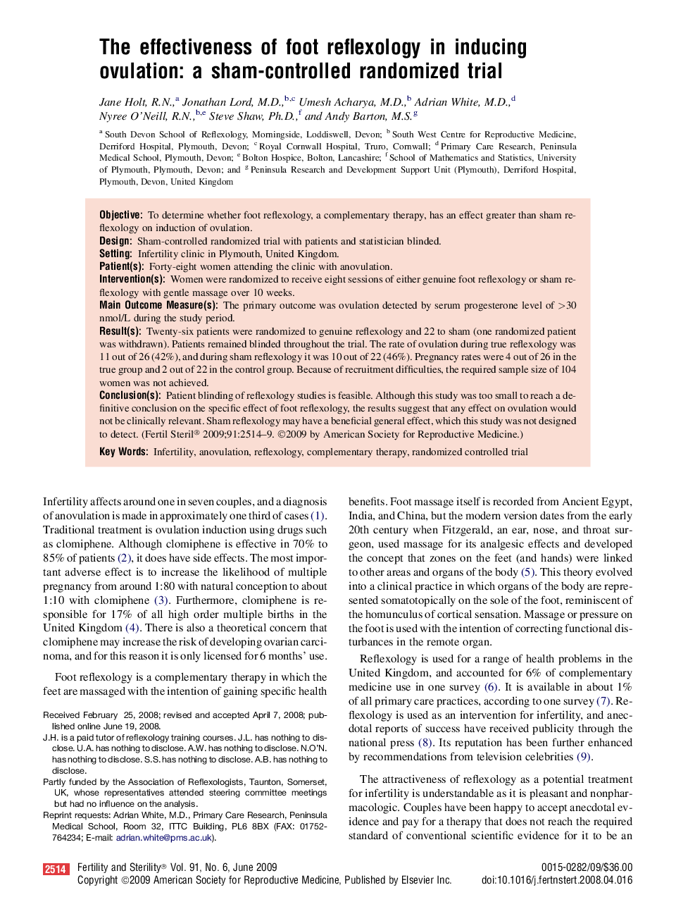 The effectiveness of foot reflexology in inducing ovulation: a sham-controlled randomized trial 