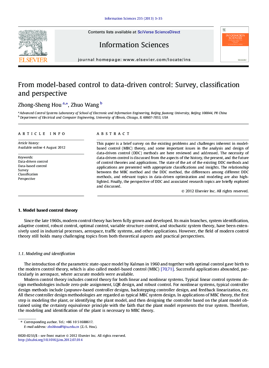 From model-based control to data-driven control: Survey, classification and perspective