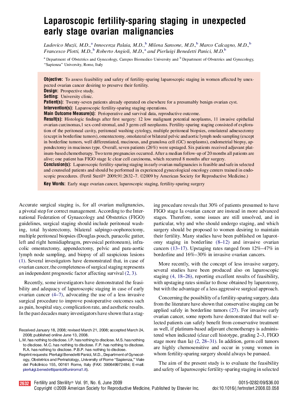 Laparoscopic fertility-sparing staging in unexpected early stage ovarian malignancies 