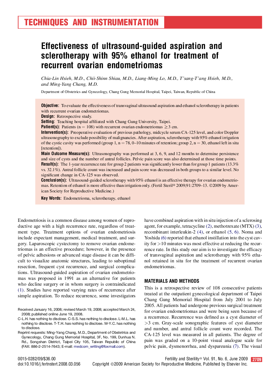 Effectiveness of ultrasound-guided aspiration and sclerotherapy with 95% ethanol for treatment of recurrent ovarian endometriomas 