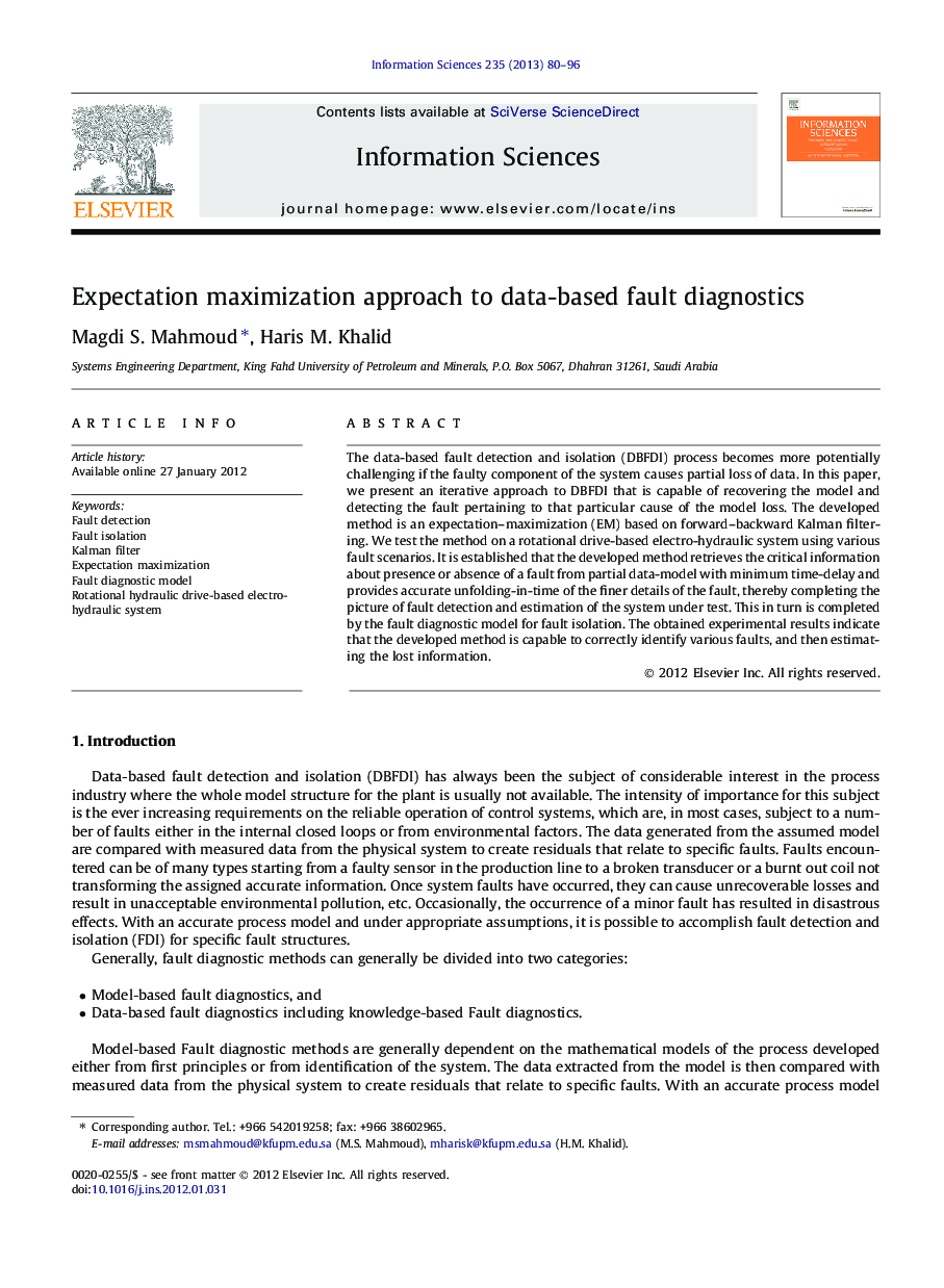 Expectation maximization approach to data-based fault diagnostics