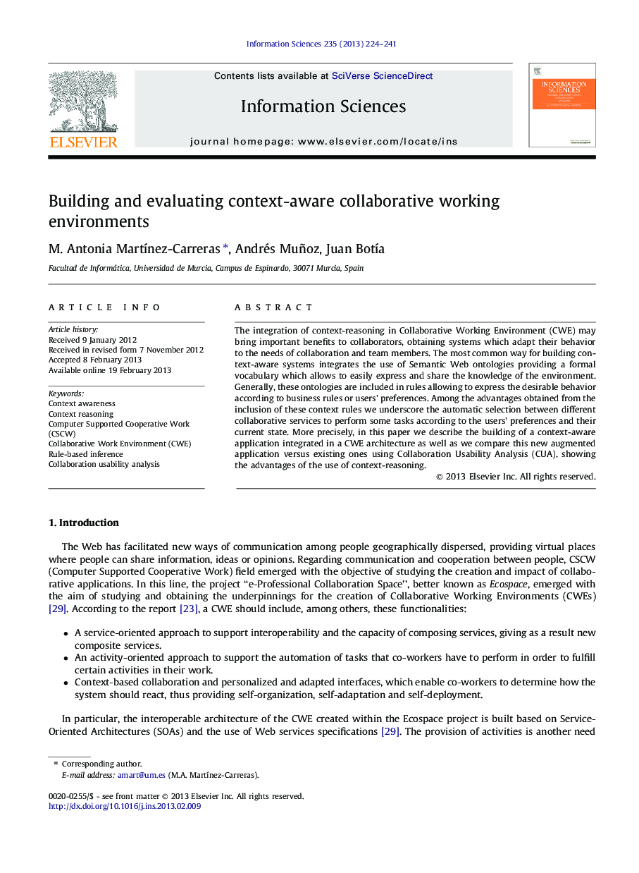 Building and evaluating context-aware collaborative working environments